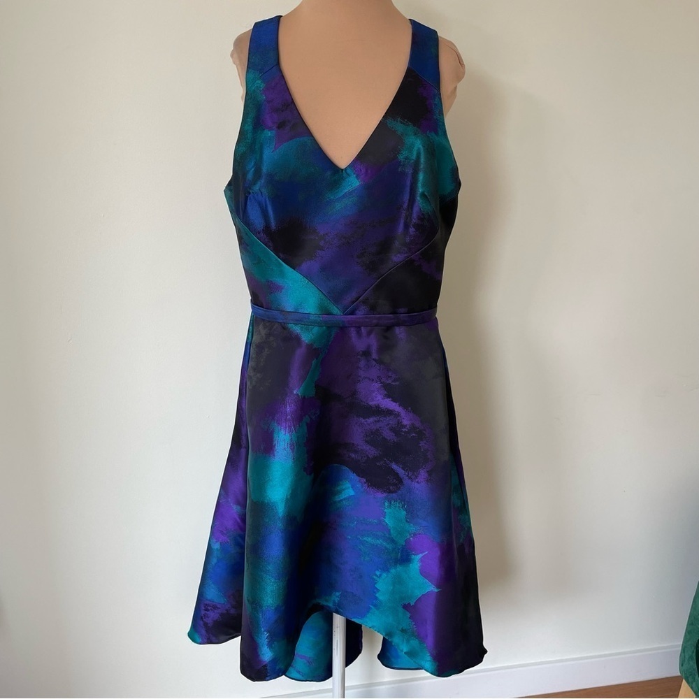 Theia Satin Abstract Print Blue V-Neck Sleeveless High Low Cocktail Dress EUC 14